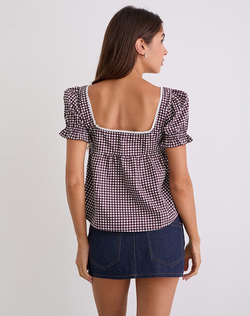 Image of Axoni Square Neck Blouse in Mini Gingham Wine