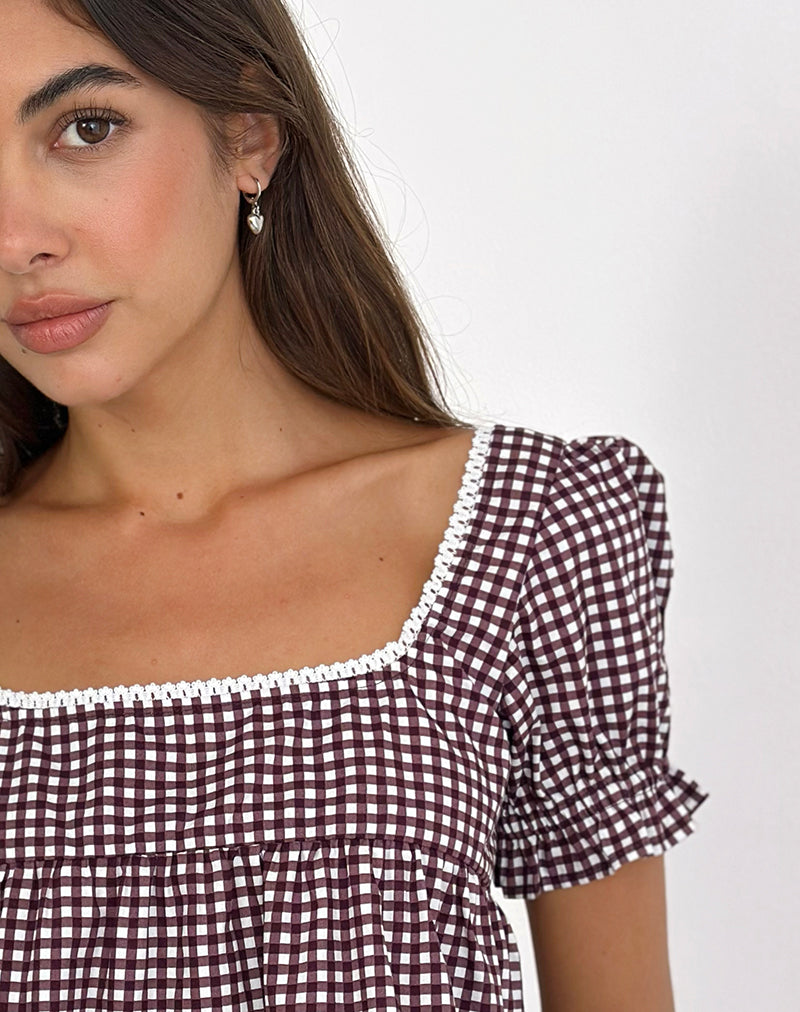 Image of Axoni Square Neck Blouse in Mini Gingham Wine