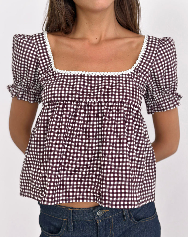Image of Axoni Square Neck Blouse in Mini Gingham Wine