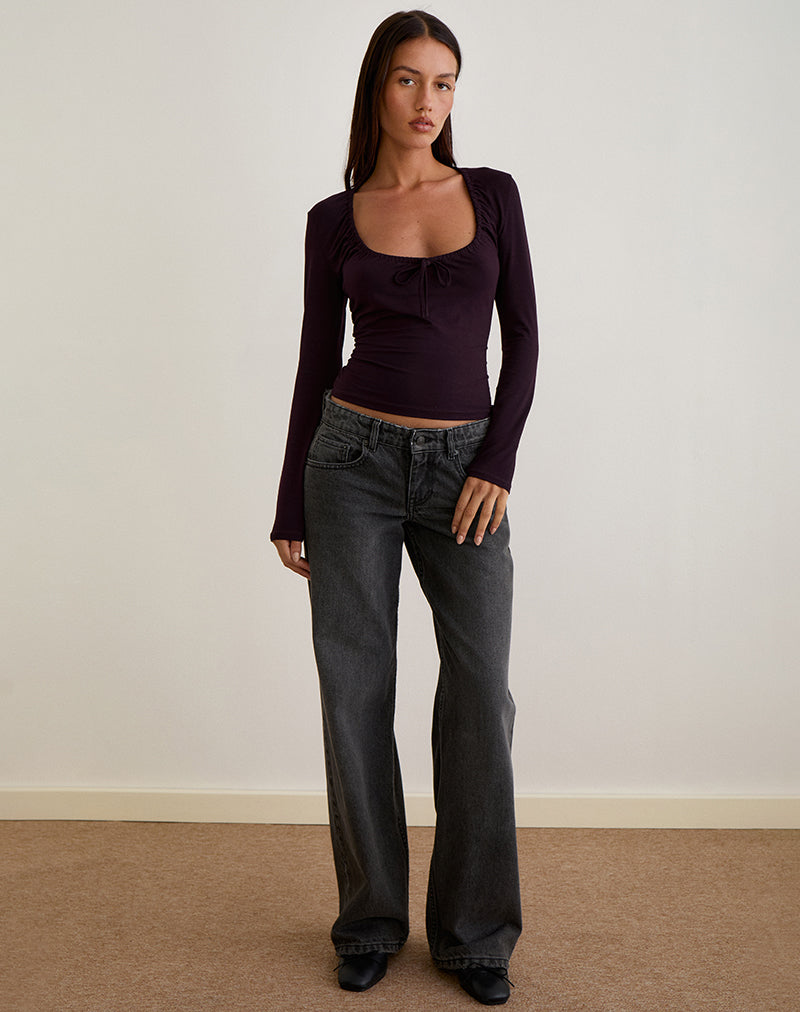 Image of Aye Plunge Long Sleeve Top with Ruched Neck in Redwood
