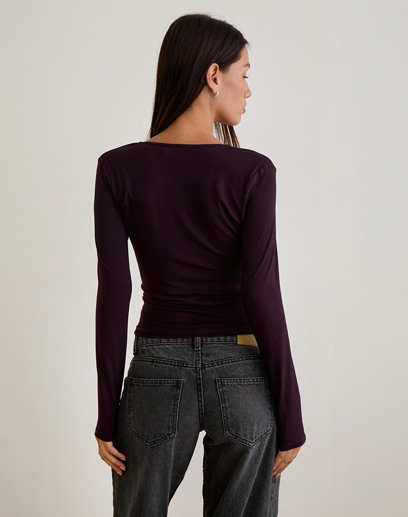 Image of Aye Plunge Long Sleeve Top with Ruched Neck in Redwood