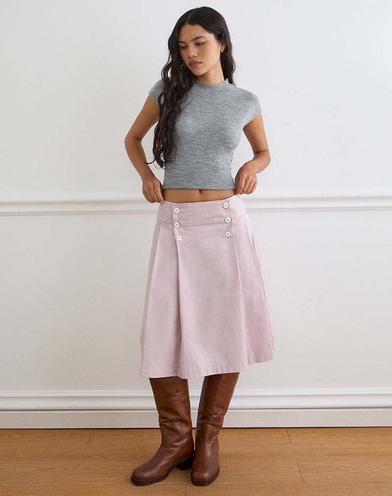 Image of Babete Pleat Midi Skirt in Cotton Twill Soft Pink
