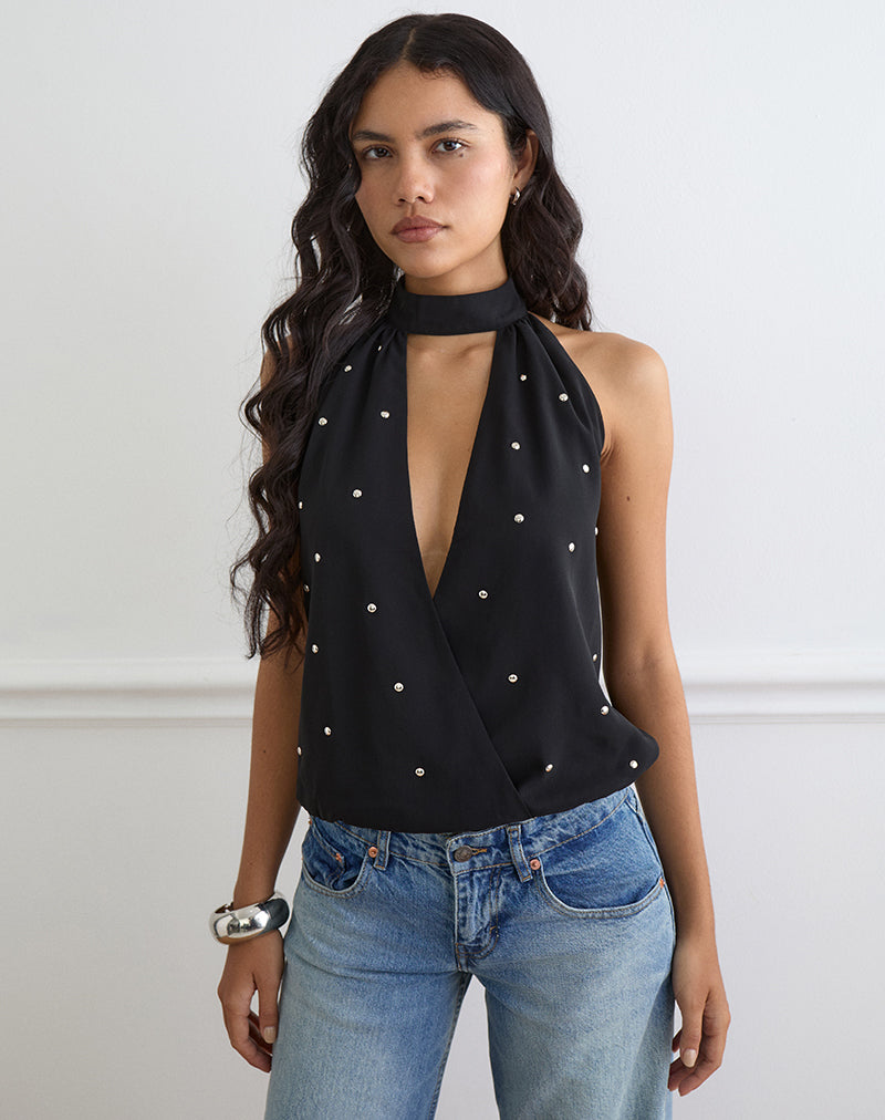 Bajo Halter Bubble Top in Chiffon Black with Studs