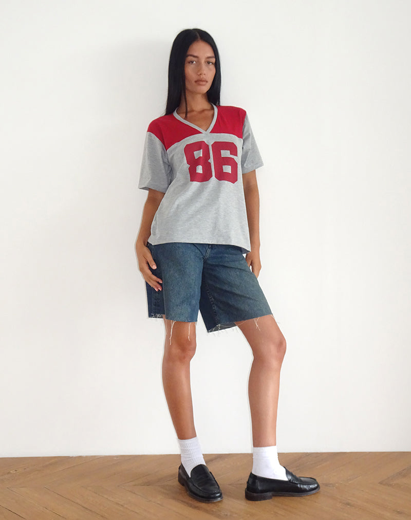 Image of Balap Oversized Top in Grey Marl and Adrenaline Red with '98' Emb