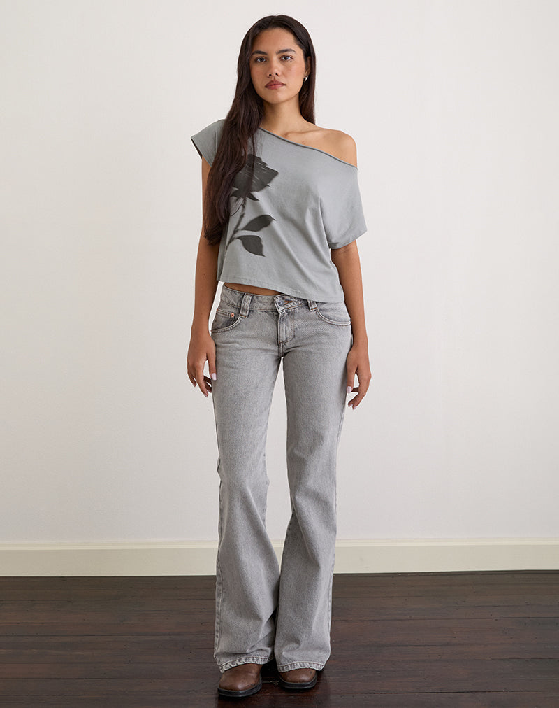 Image of Balia Asymmetric Short Sleeve Basic Top in Grey with Blurred Rose Print