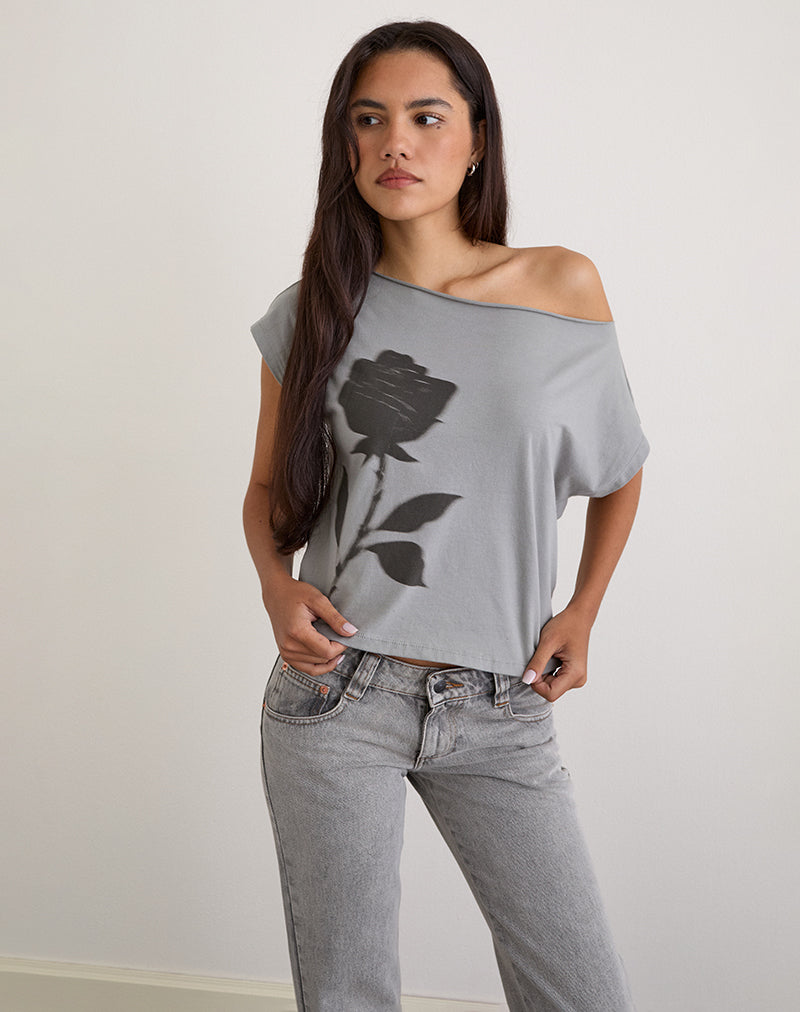 Image of Balia Asymmetric Short Sleeve Basic Top in Grey with Blurred Rose Print