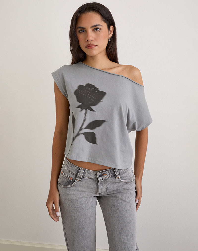 Image of Balia Asymmetric Short Sleeve Basic Top in Grey with Blurred Rose Print