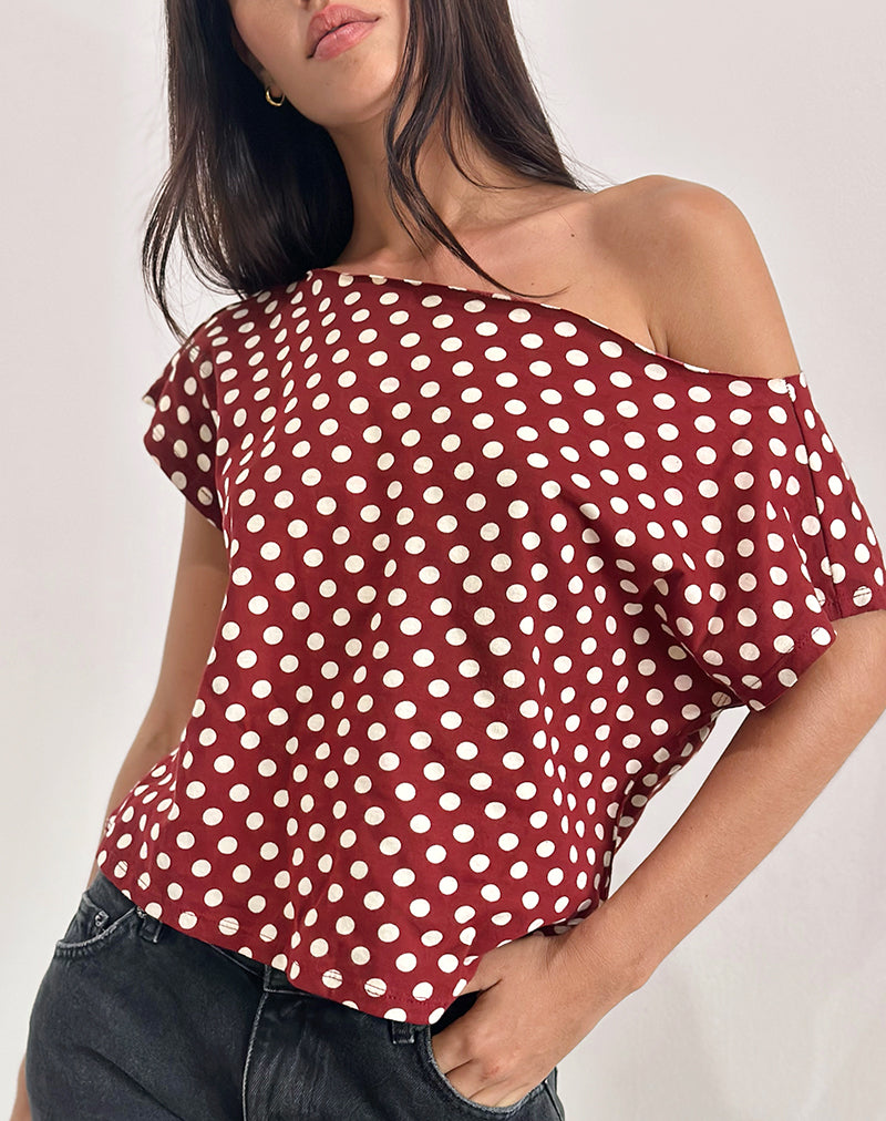 Image of Balia Asymmetric Short Sleeve Top in Polka Wine