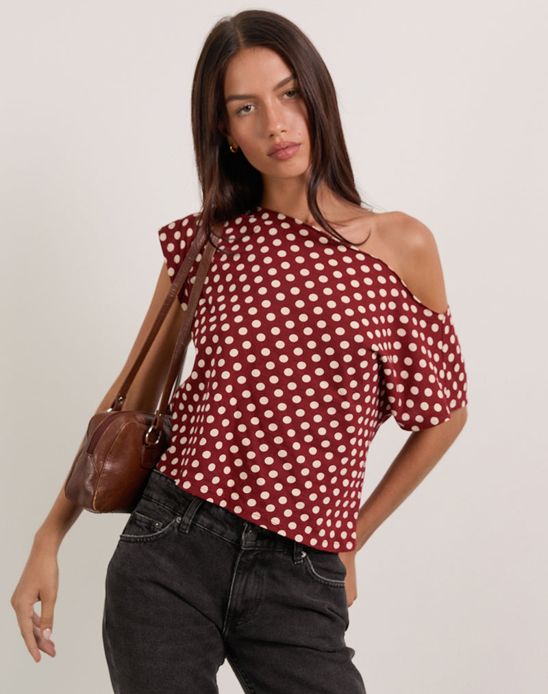 Image of Balia Asymmetric Short Sleeve Top in Polka Wine