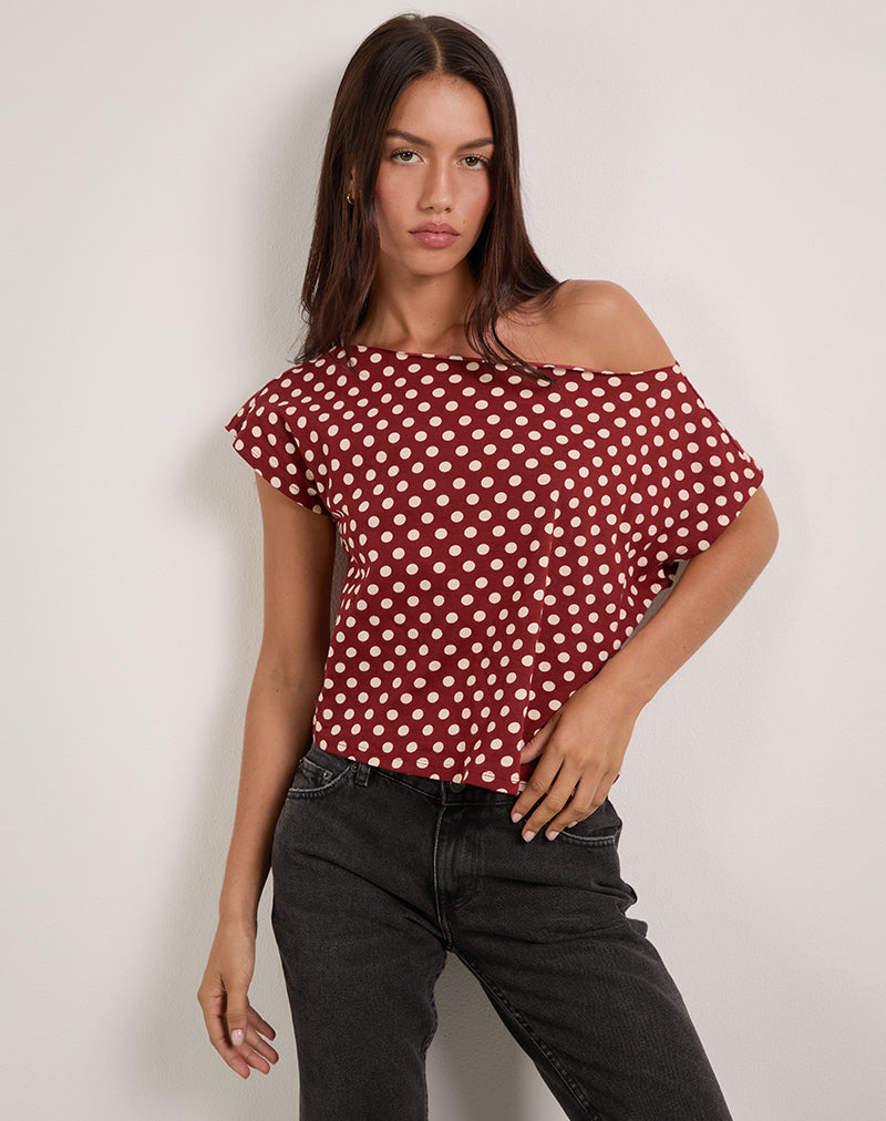 Image of Balia Asymmetric Short Sleeve Top in Polka Wine