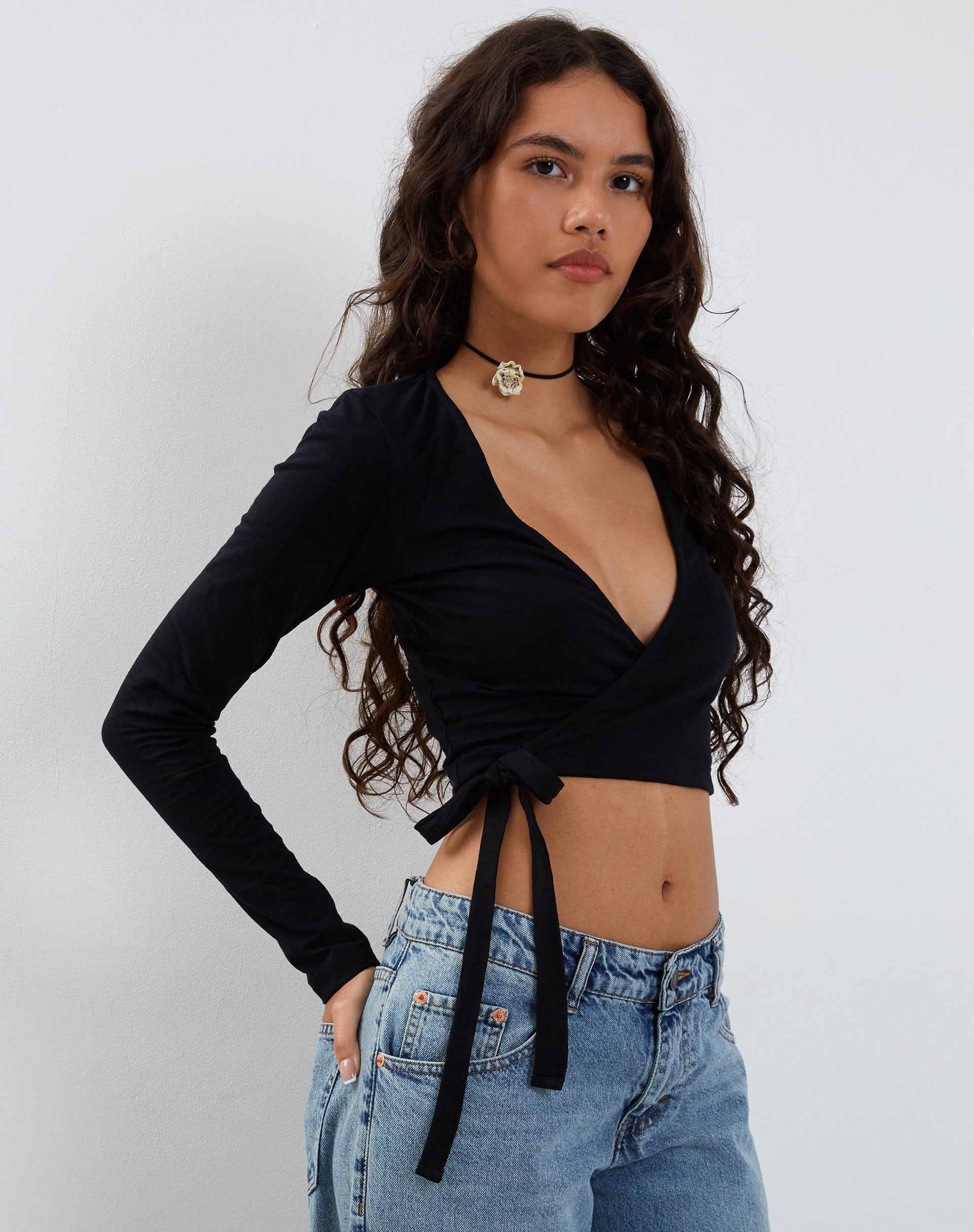 Long sleeve v neck wrap top top