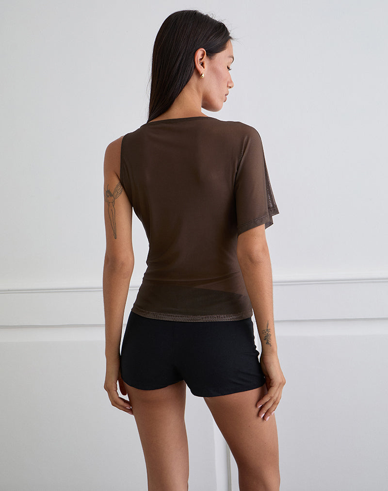 Image of Balsa One Shoulder Top in Brown with Pink Flower Print