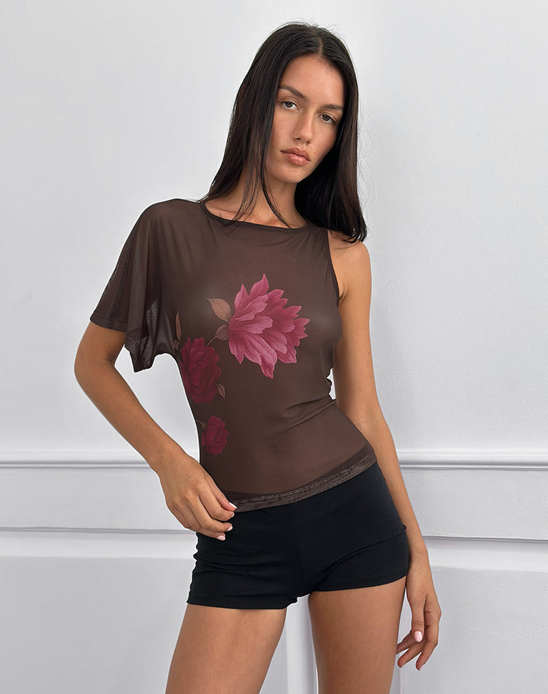 Balsa One Shoulder Top in Brown with Pink Flower Print