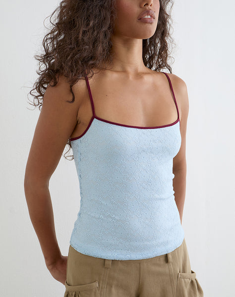 Blue Turquoise Lace Cami Top with Burgundy Binding | Barlyn