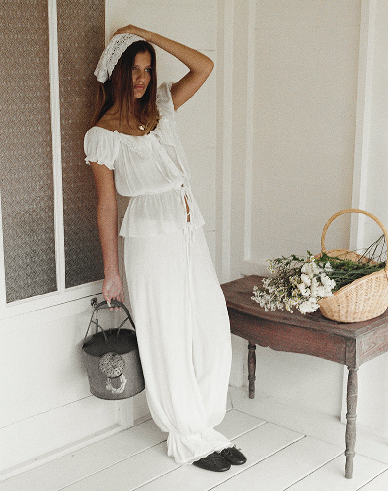 Image of Wujala Bardot Tie Waist Top in Rayon White