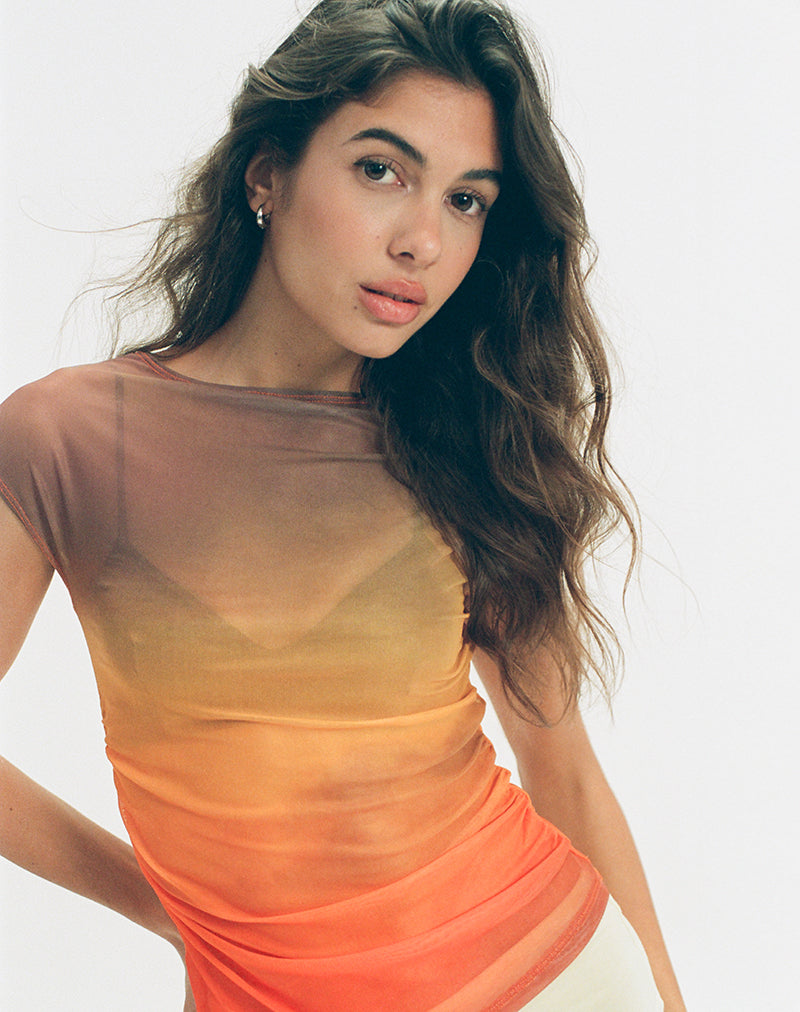Image of Bastille Top in Mesh Printed Orange Sunset