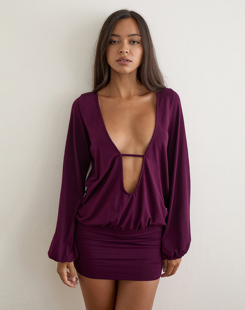 Bede Long Sleeve Deep Plunge Mini Dress in Fig