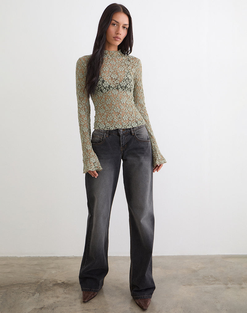 Image of Beerus Long Sleeve Mock Neck Top in Lace Sage Green