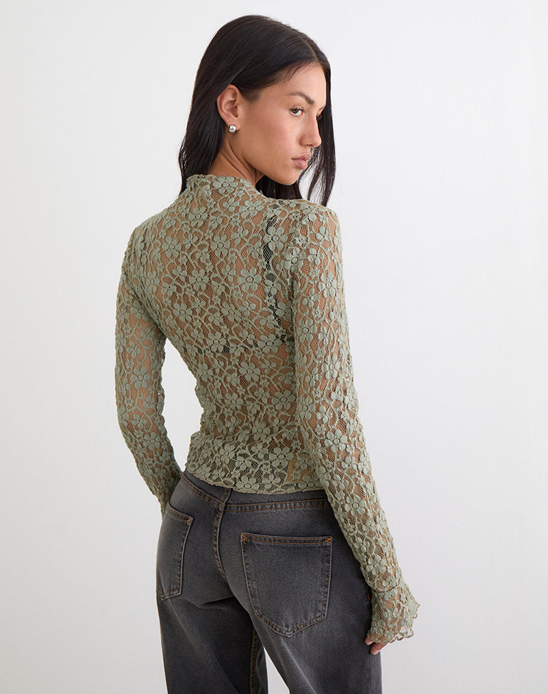 Image of Beerus Long Sleeve Mock Neck Top in Lace Sage Green