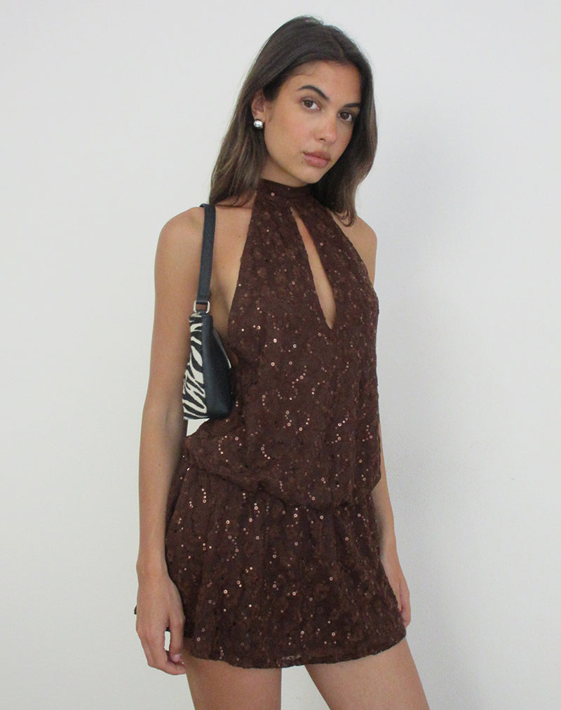 Image of Belly Racerback Mini Dress in Sequin Knit Brown