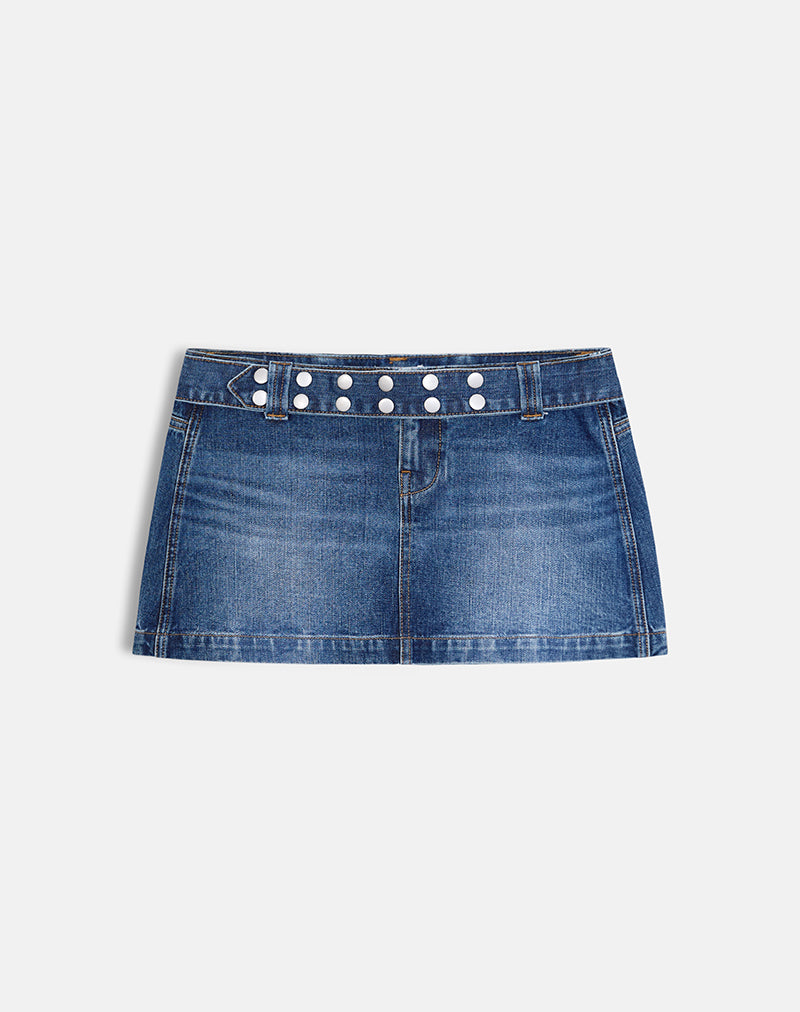 Image of Belted Denim Mini Skirt in Dark Blue