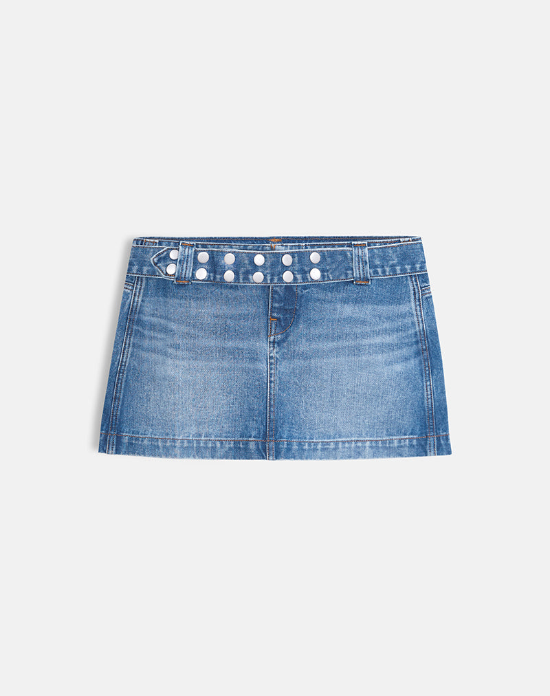 Image of Belted Denim Mini Skirt in Fade Blue