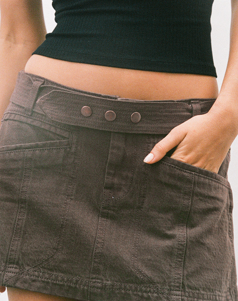Belted Denim Mini Skirt in Chocolate Brown