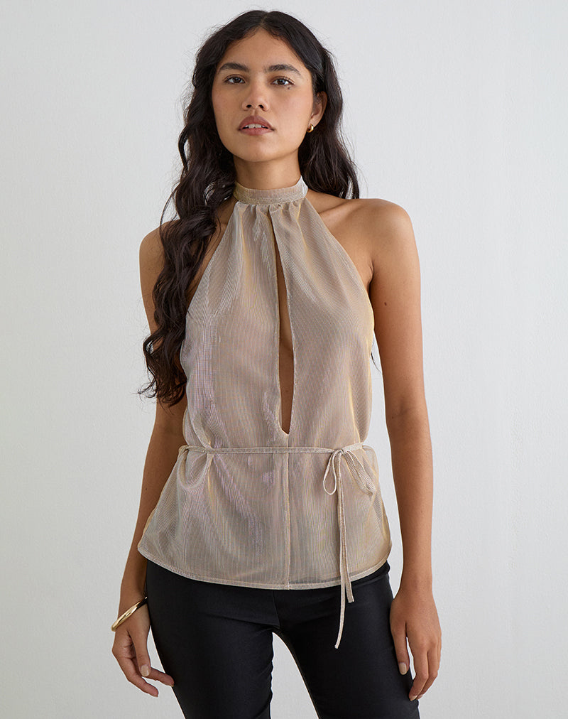 Image of Benicia High Neck Keyhole Top in Gold