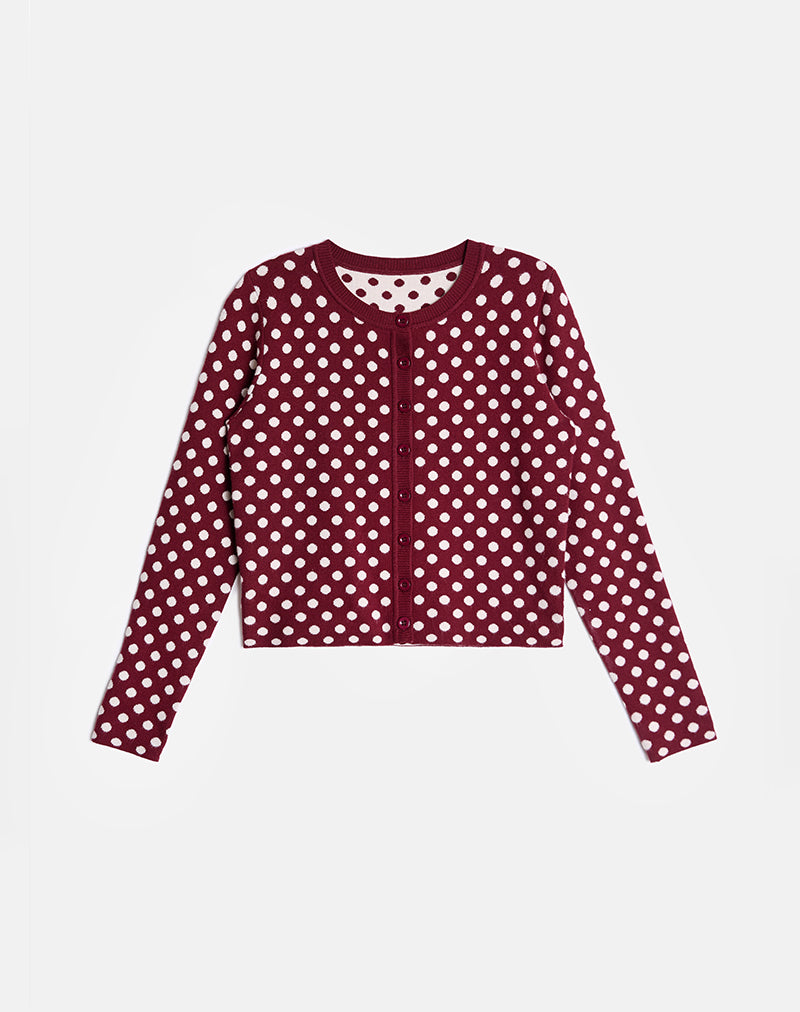 Image of Bhavina Cardigan in Burgundy with Cream Polka Print