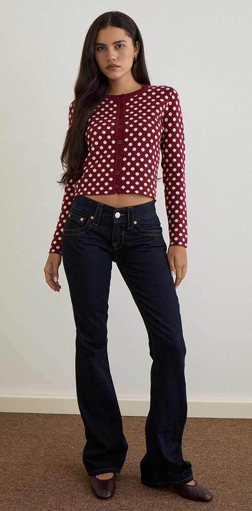 Image of Bhavina Cardigan in Burgundy with Cream Polka Print