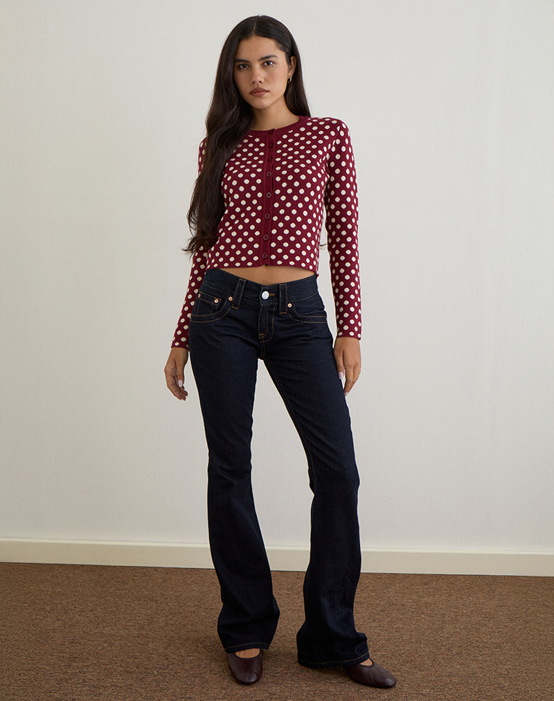 Image of Bhavina Cardigan in Burgundy with Cream Polka Print