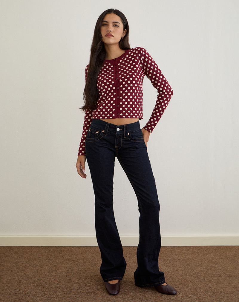 Image of Bhavina Cardigan in Burgundy with Cream Polka Print