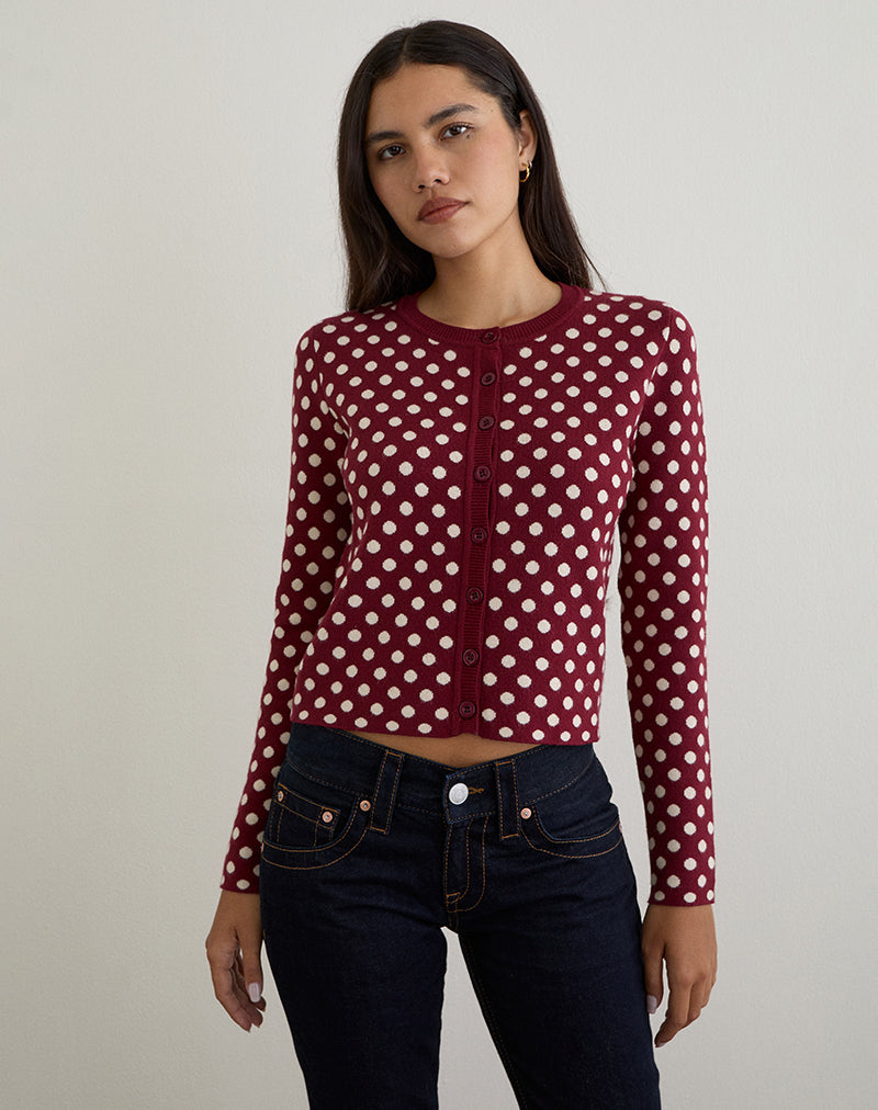 Image of Bhavina Cardigan in Burgundy with Cream Polka Print