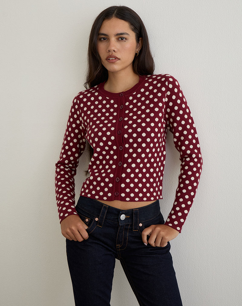 Image of Bhavina Cardigan in Burgundy with Cream Polka Print