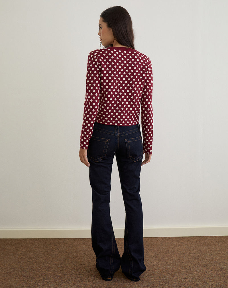 Image of Bhavina Cardigan in Burgundy with Cream Polka Print