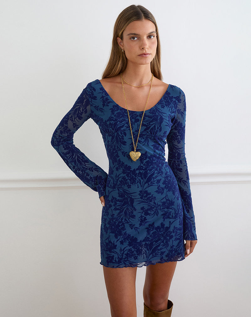 Image of Bindara Mini Dress in Navy with Midnight Leaf Flock