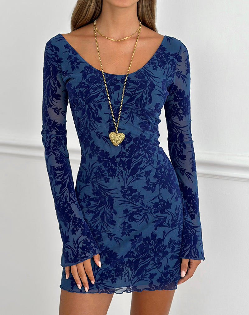Image of Bindara Mini Dress in Navy with Midnight Leaf Flock