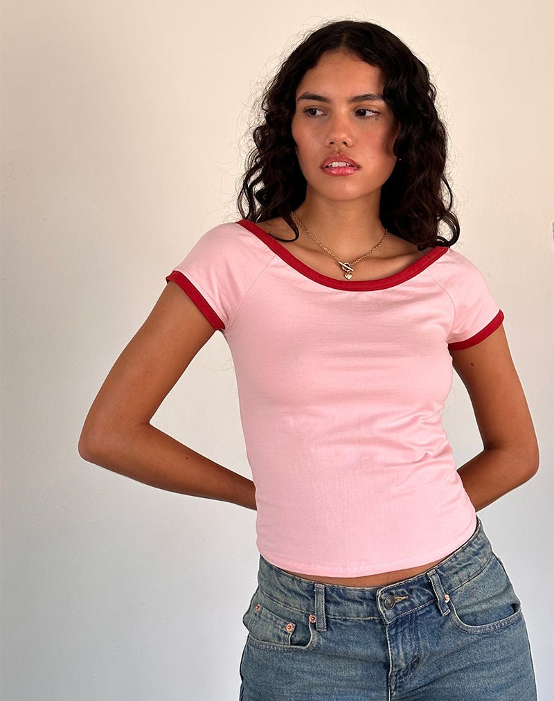 Image of Bitha Top in Ballet Pink with Adrenaline Red Binding