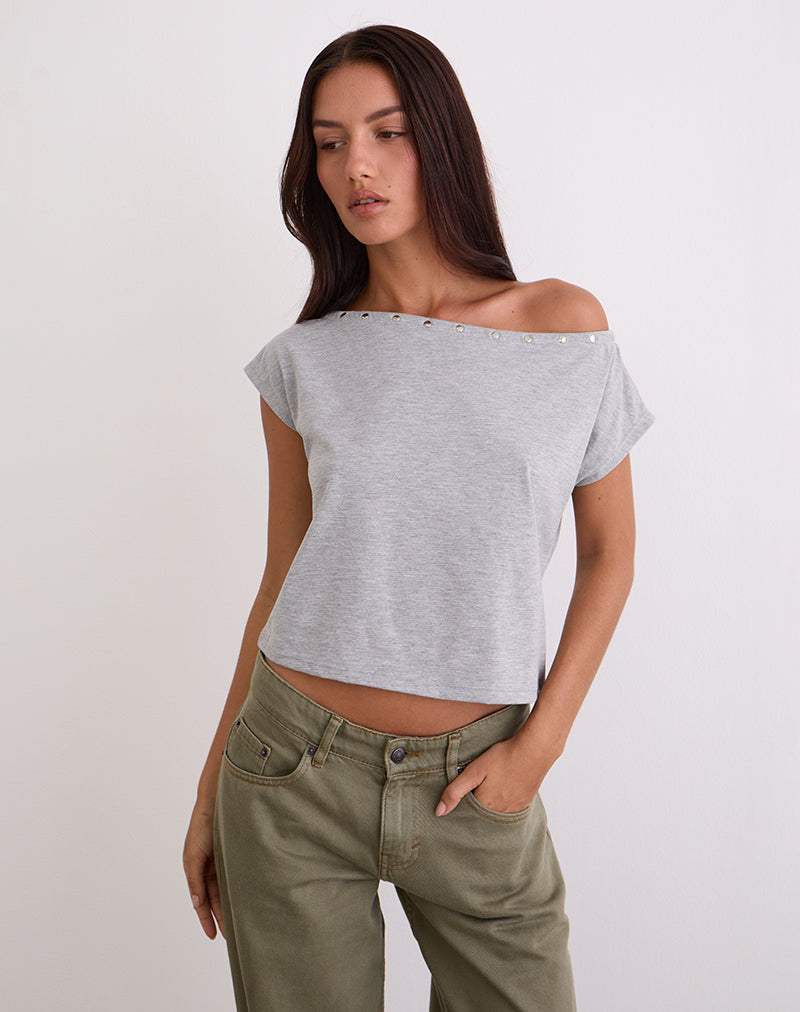 Image of Bizzy Top with Studded Neckline in Grey Marl