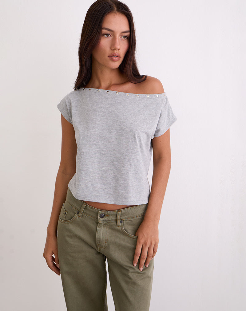 Image of Bizzy Top with Studded Neckline in Grey Marl