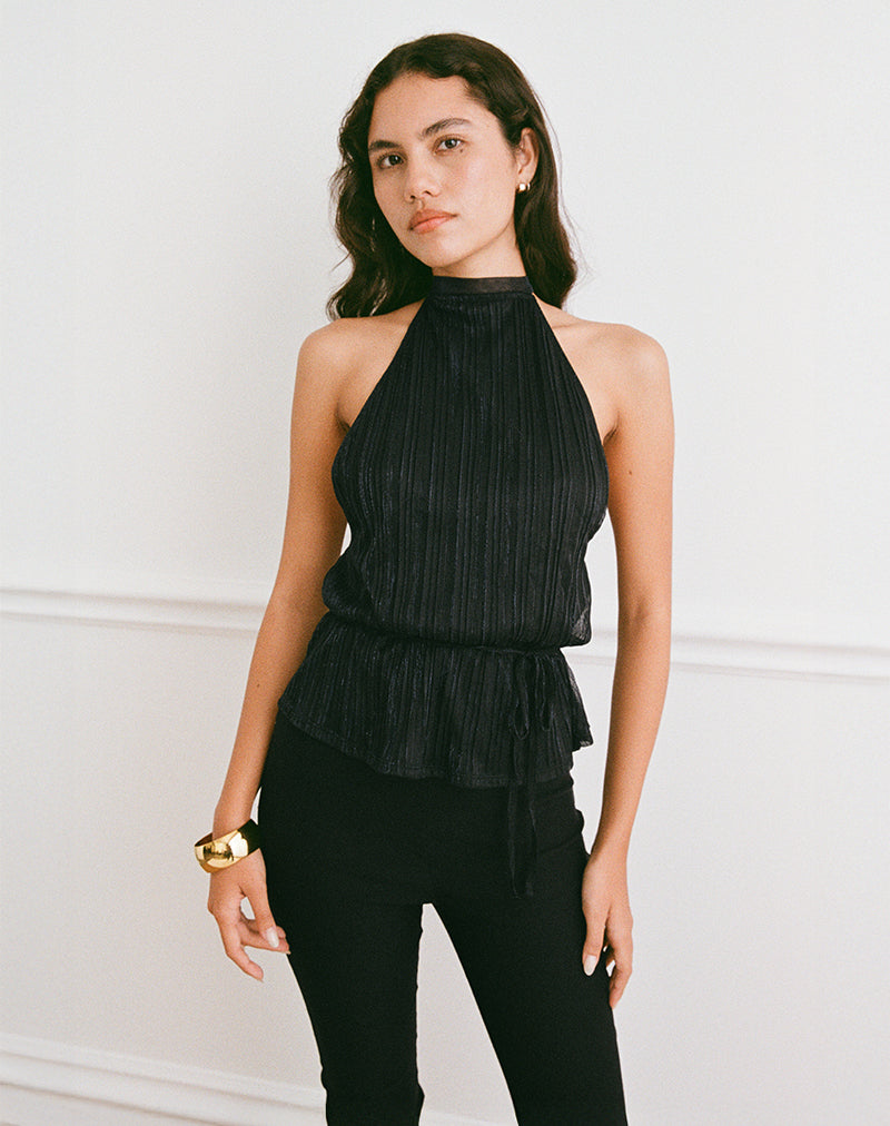 Image of Brienne Top in Chiffon Plisse Black with Lining