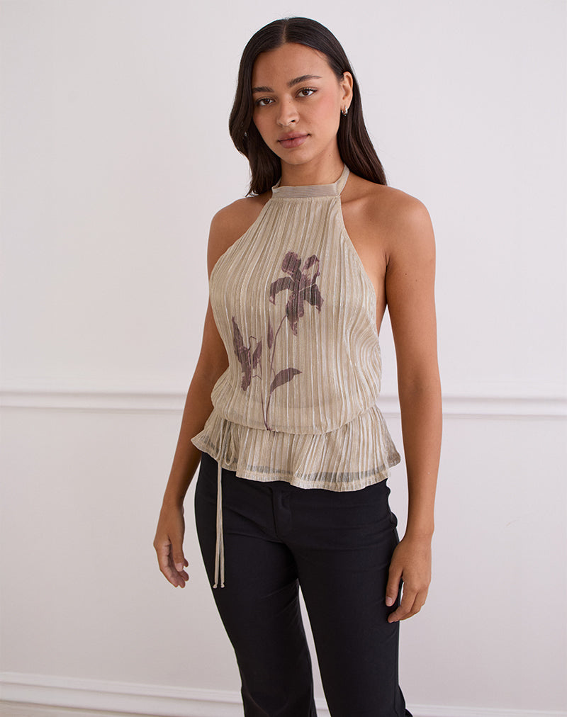 Brienne Top in Light Gold Shimmer with Slim Flower Print