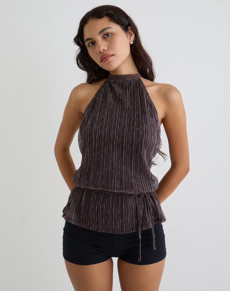 Motel Brienne Top Blue and Brown Shimmer Sheer Plisse