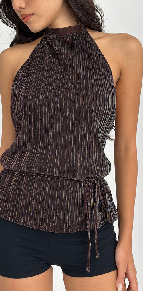 Image of Brienne Top in Brown Shimmer Sheer Plisse
