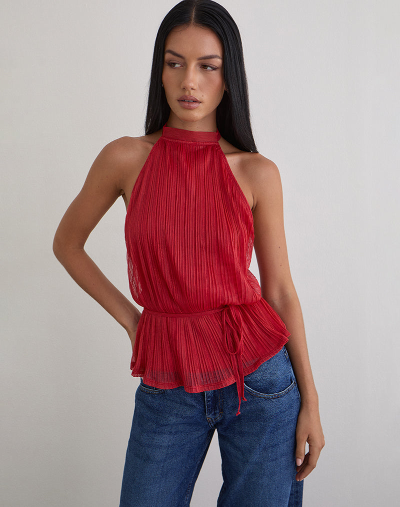 Image of Brienne Top in Shimmer Plisse Red