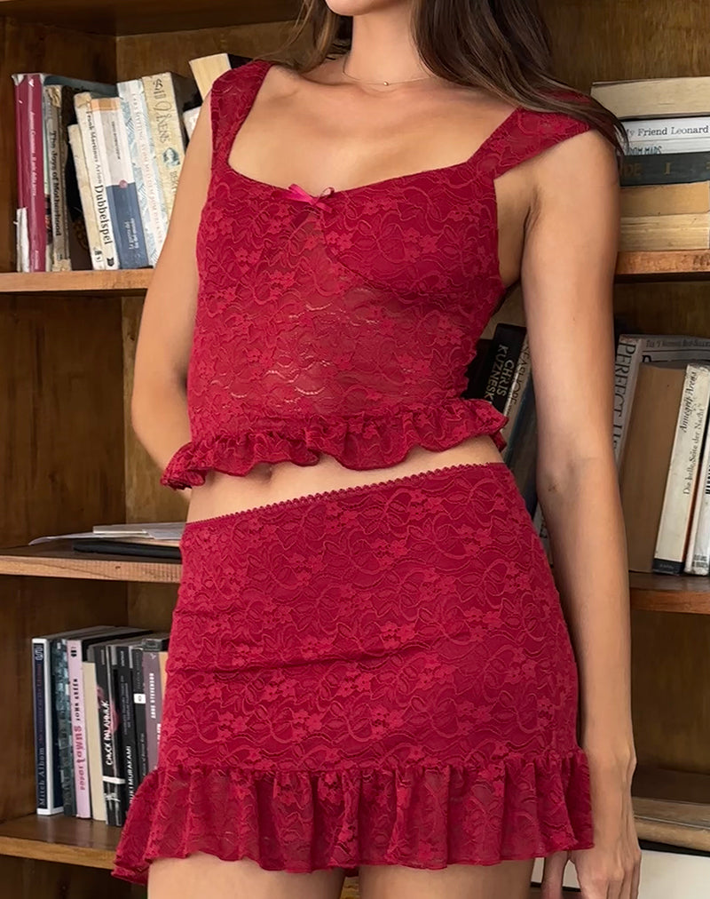 Krecia Mini Skirt in Deep Red Lace