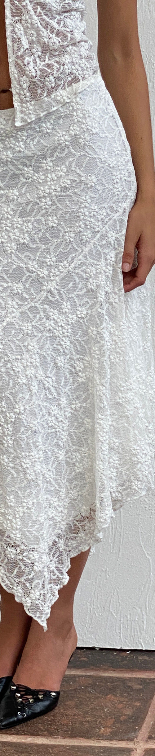 Image of Cinta Low Rise Midi Skirt in Lace Ivory