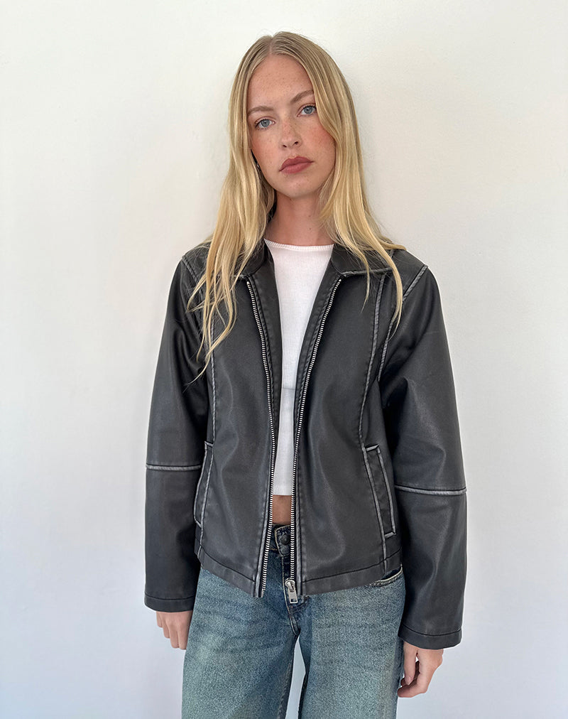Image of Brittany Distressed Jacket in PU Black