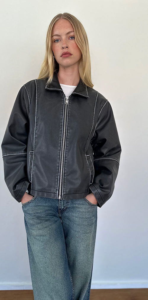 Image of Brittany Distressed Jacket in PU Black