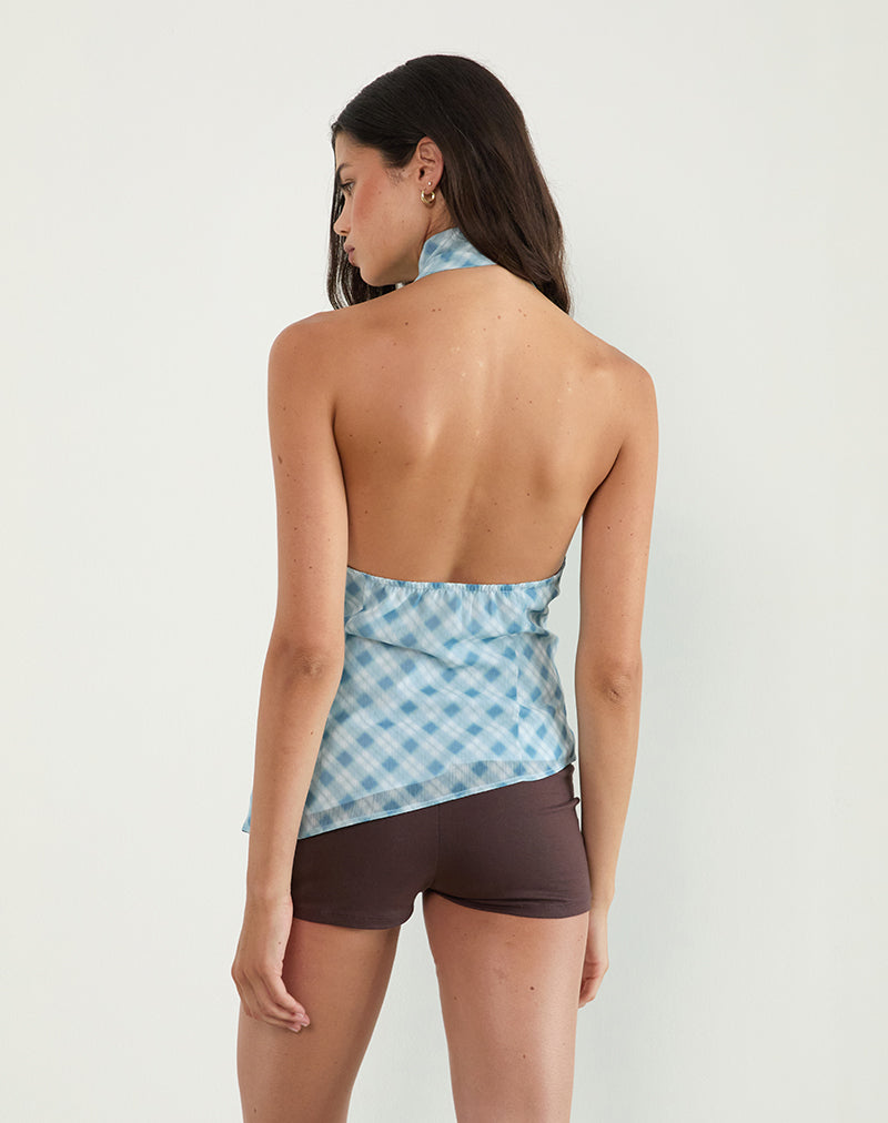 Image of Briva Neck Tie Top in Blurred Check Blue